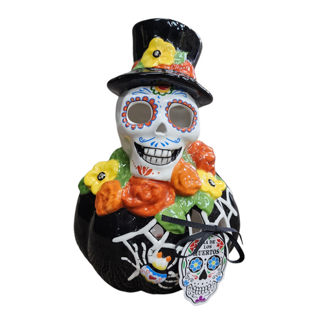 Blue Sky Clayworks Skeleton Sugar Skull Pumpkin Day of the Dead Candle Holder