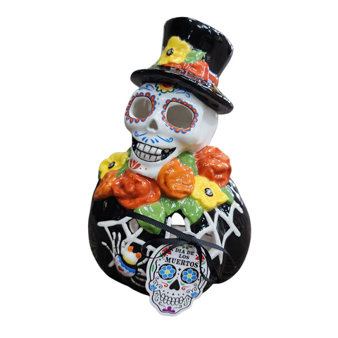 Blue Sky Clayworks Skeleton Sugar Skull Pumpkin Day of the Dead Candle Holder