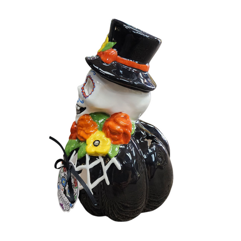 Blue Sky Clayworks Skeleton Sugar Skull Pumpkin Day of the Dead Candle Holder