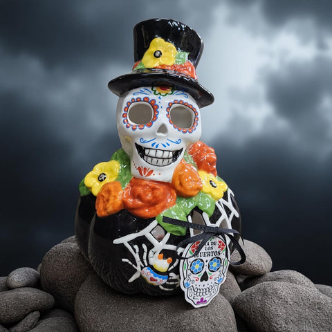 Blue Sky Clayworks Skeleton Sugar Skull Pumpkin Day of the Dead Candle Holder