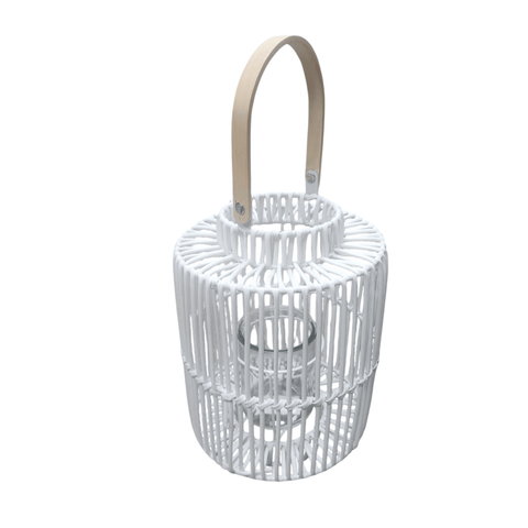 Boho Candle Lantern Holder Faux Bamboo Woven Rattan Round Hanging or Tabletop - Sammi's Attic