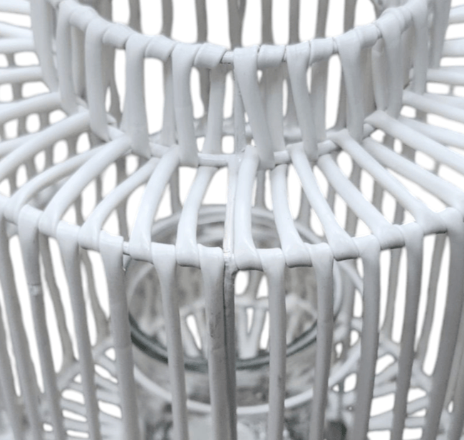 Boho Candle Lantern Holder Faux Bamboo Woven Rattan Round Hanging or Tabletop - Sammi's Attic
