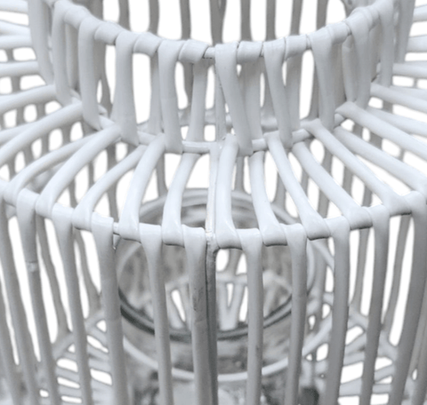 Boho Candle Lantern Holder Faux Bamboo Woven Rattan Round Hanging or Tabletop - Sammi's Attic