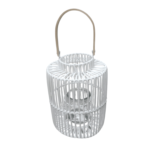Boho Candle Lantern Holder Faux Bamboo Woven Rattan Round Hanging or Tabletop - Sammi's Attic