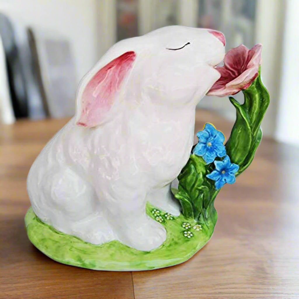Bunny Smelling Flowers Figurine