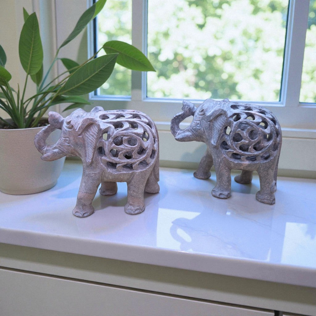 Carved Stone Double Elephant | Gorara Stone