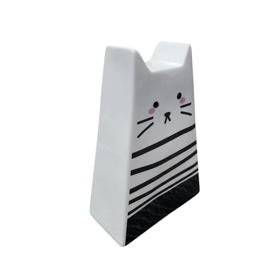 Cat Coin Piggy Bank Whimsical Ceramic Figure White with Black Stripe 7.5" x 5" - Sammi's Attic