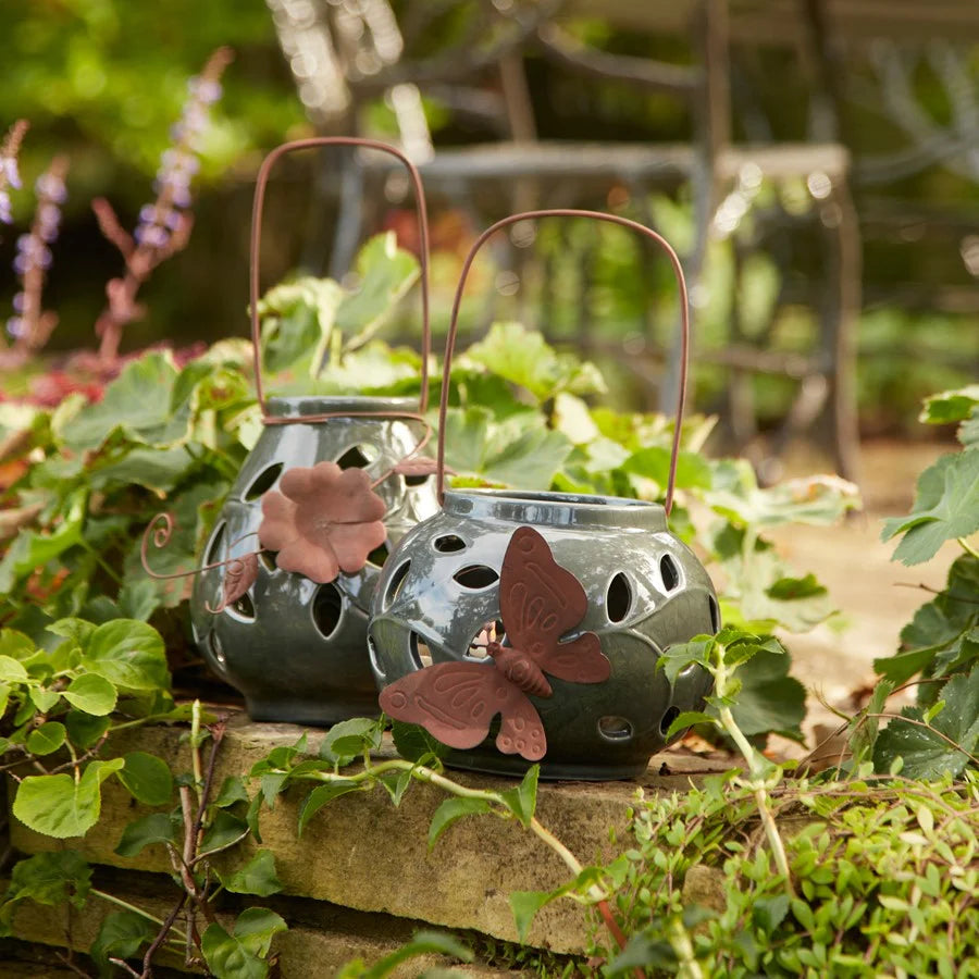 Ceramic Lantern Candle Holder with Metal Leaf Accent Set of 2