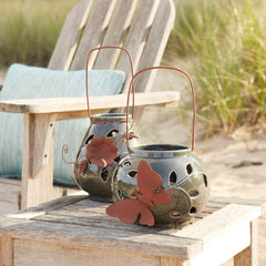Ceramic Lantern Candle Holder with Metal Leaf Accent Set of 2