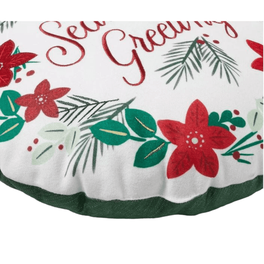 Christmas Accent Throw Pillow Embroidered Poinsettia Round 15" Seasons Greetings - Sammi's Attic