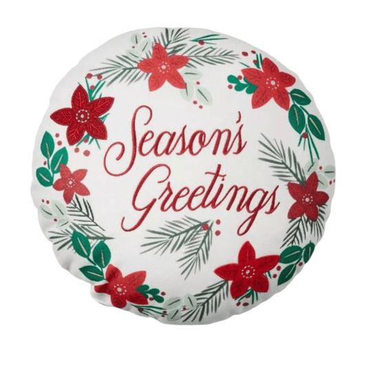 Christmas Accent Throw Pillow Embroidered Poinsettia Round 15" Seasons Greetings - Sammi's Attic