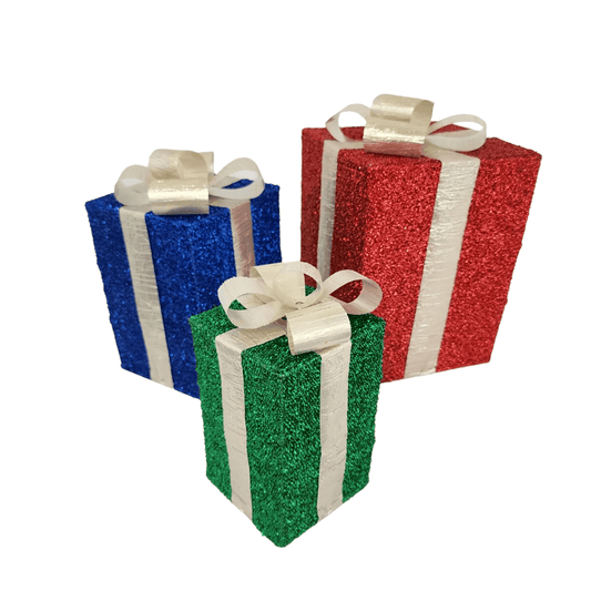 Christmas Lighted Gift Boxes Tinsel Present Decoration Indoor Outdoor Set of 3 - Sammi's Attic