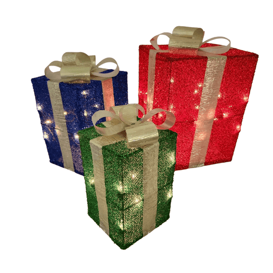 Christmas Lighted Gift Boxes Tinsel Present Decoration Indoor Outdoor Set of 3 - Sammi's Attic
