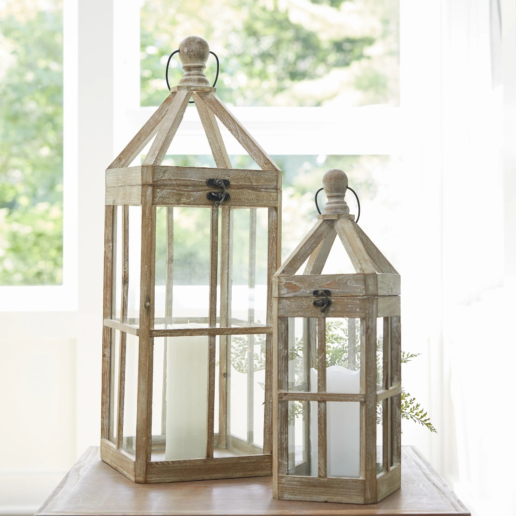 Contemporary Light Wood Lantern Set of 2