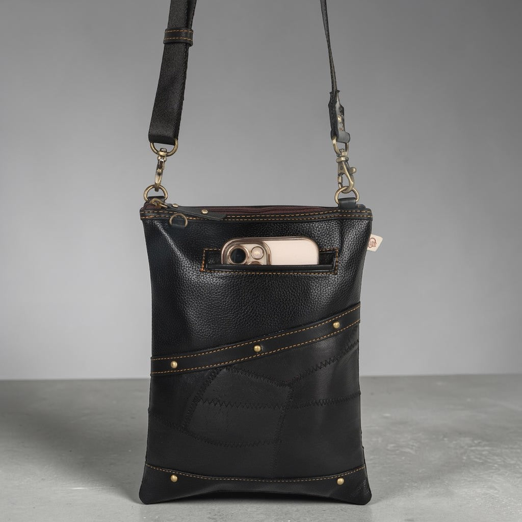 Crossbody Bag with Phone Pocket | Black Upcycled Leather Crossbody Purse | Vaan & Co