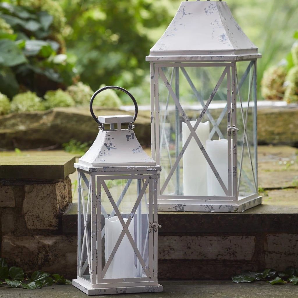 Farmhouse Distressed Metal Lantern Set of 2 White