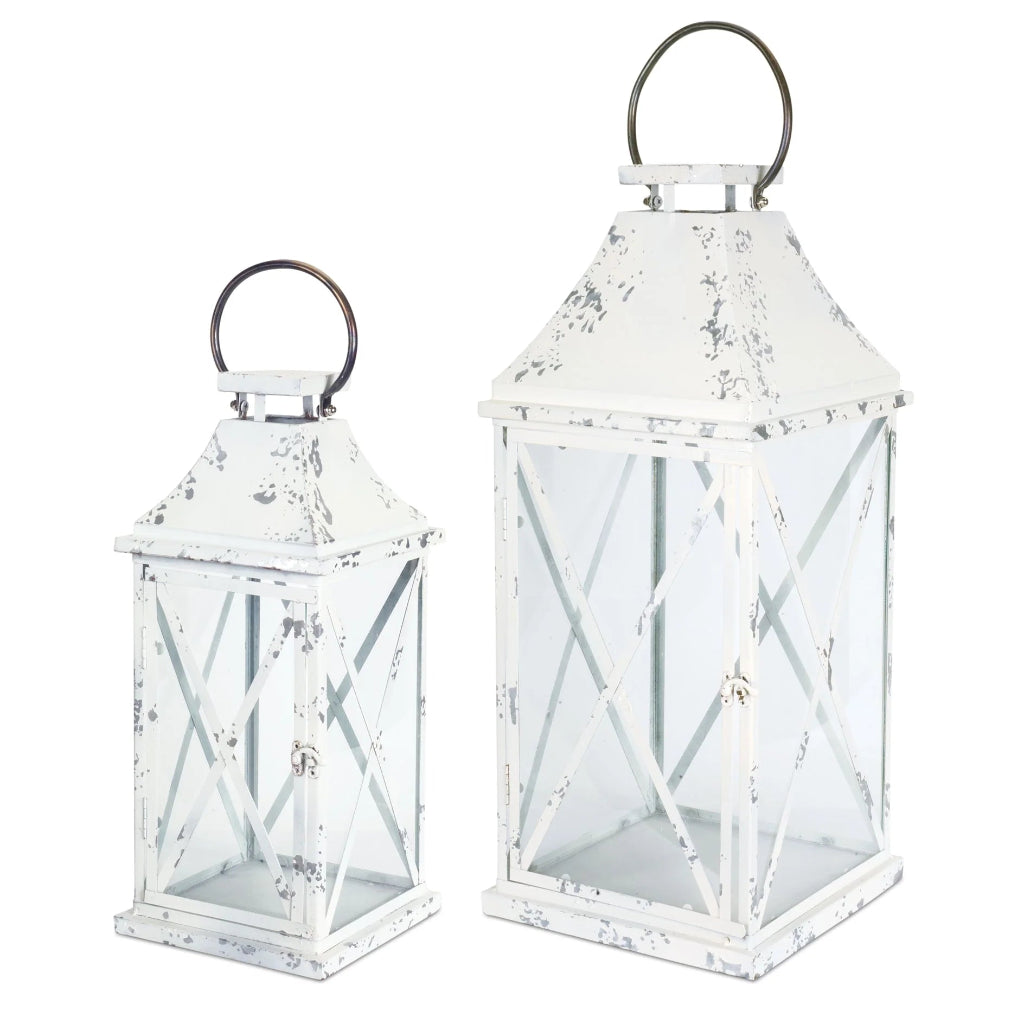 Farmhouse Distressed Metal Lantern Set of 2 White