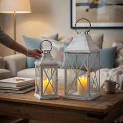 Farmhouse Distressed Metal Lantern Set of 2 White