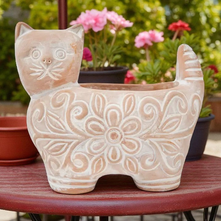 Garden Kitty Planter | Whitewashed Terracotta