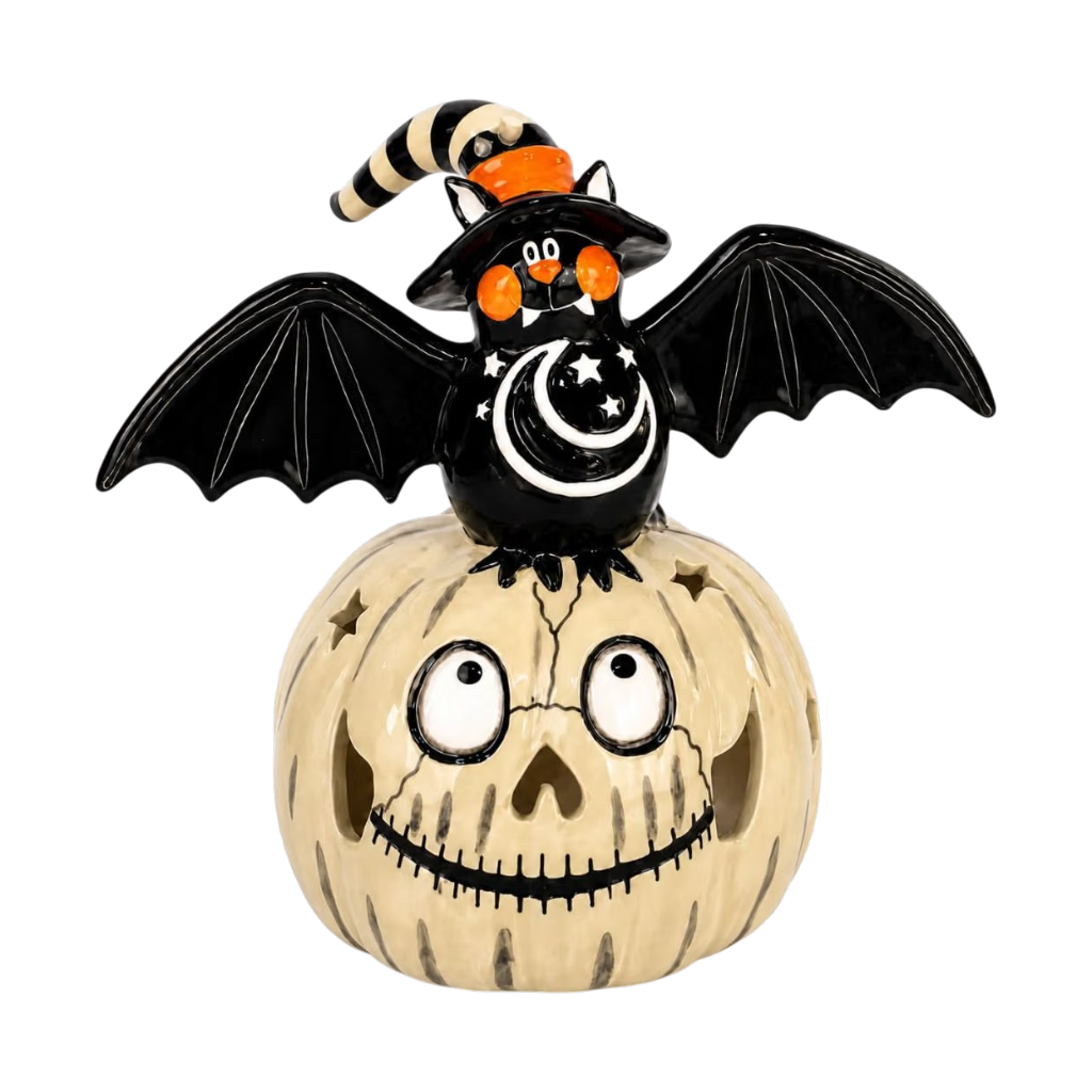 Halloween Bat on Pumpkin Ceramic Tealight Holder