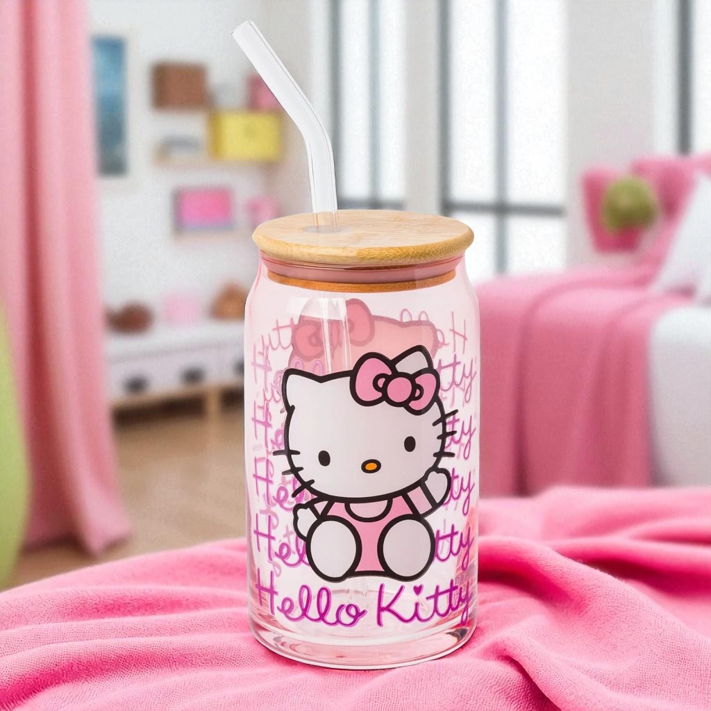 Hello Kitty Gradient Glass Tumbler with Bamboo Lid 16 oz