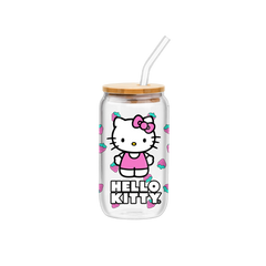 Hello Kitty Strawberry Toss Glass Tumbler with Bamboo Lid 16 oz