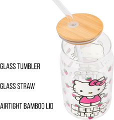 Hello Kitty Strawberry Toss Glass Tumbler with Bamboo Lid 16 oz