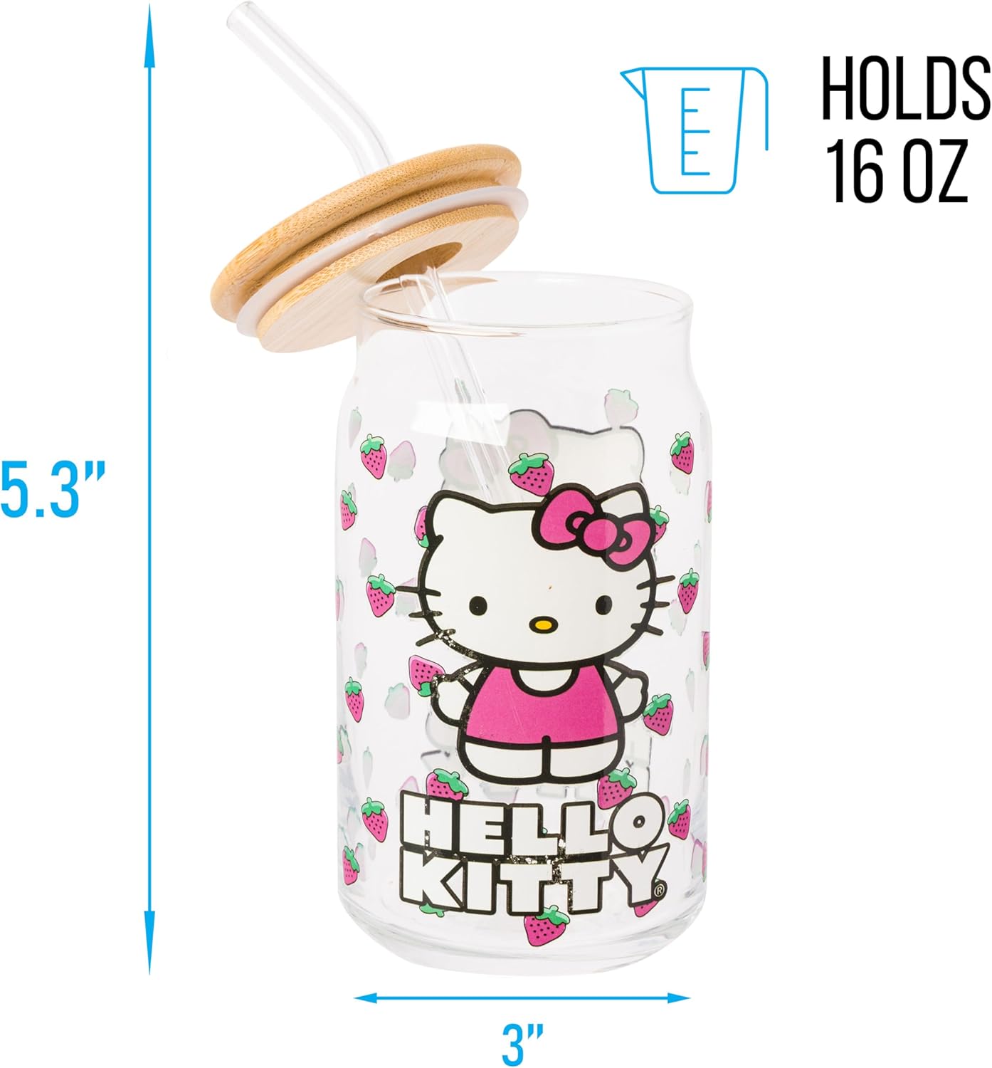 Hello Kitty Strawberry Toss Glass Tumbler with Bamboo Lid 16 oz