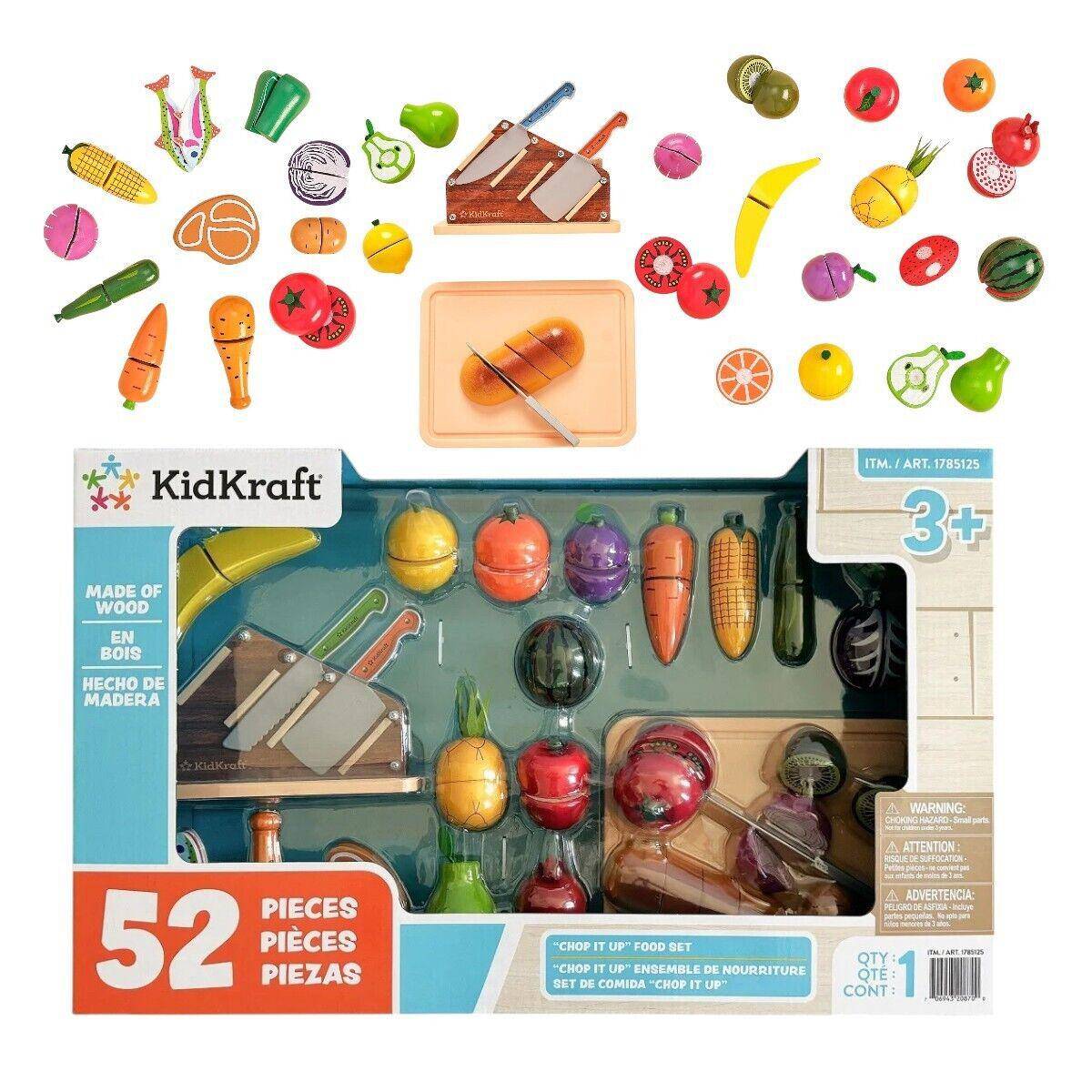 KidKraft Chop It Up Wood Food Grocery Cooking with Knife Block Play Knives 52pc
