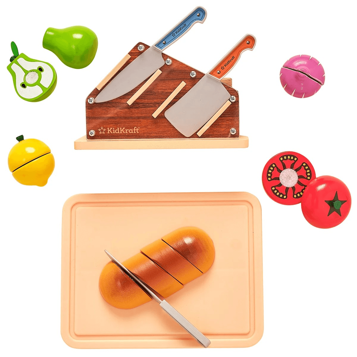 KidKraft Chop It Up Wood Food Grocery Cooking with Knife Block Play Knives 52pc