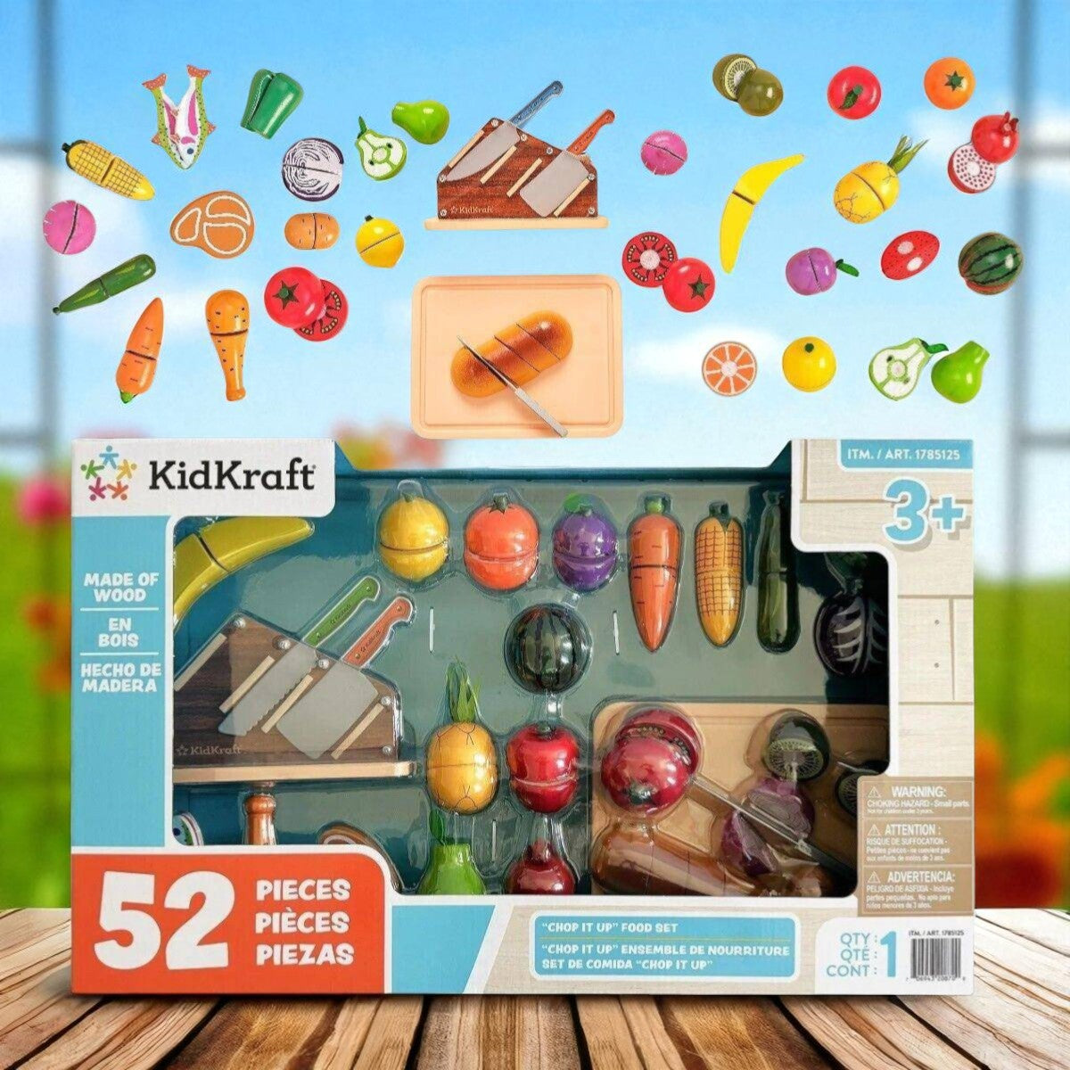 KidKraft Chop It Up Wood Food Grocery Cooking with Knife Block Play Knives 52pc