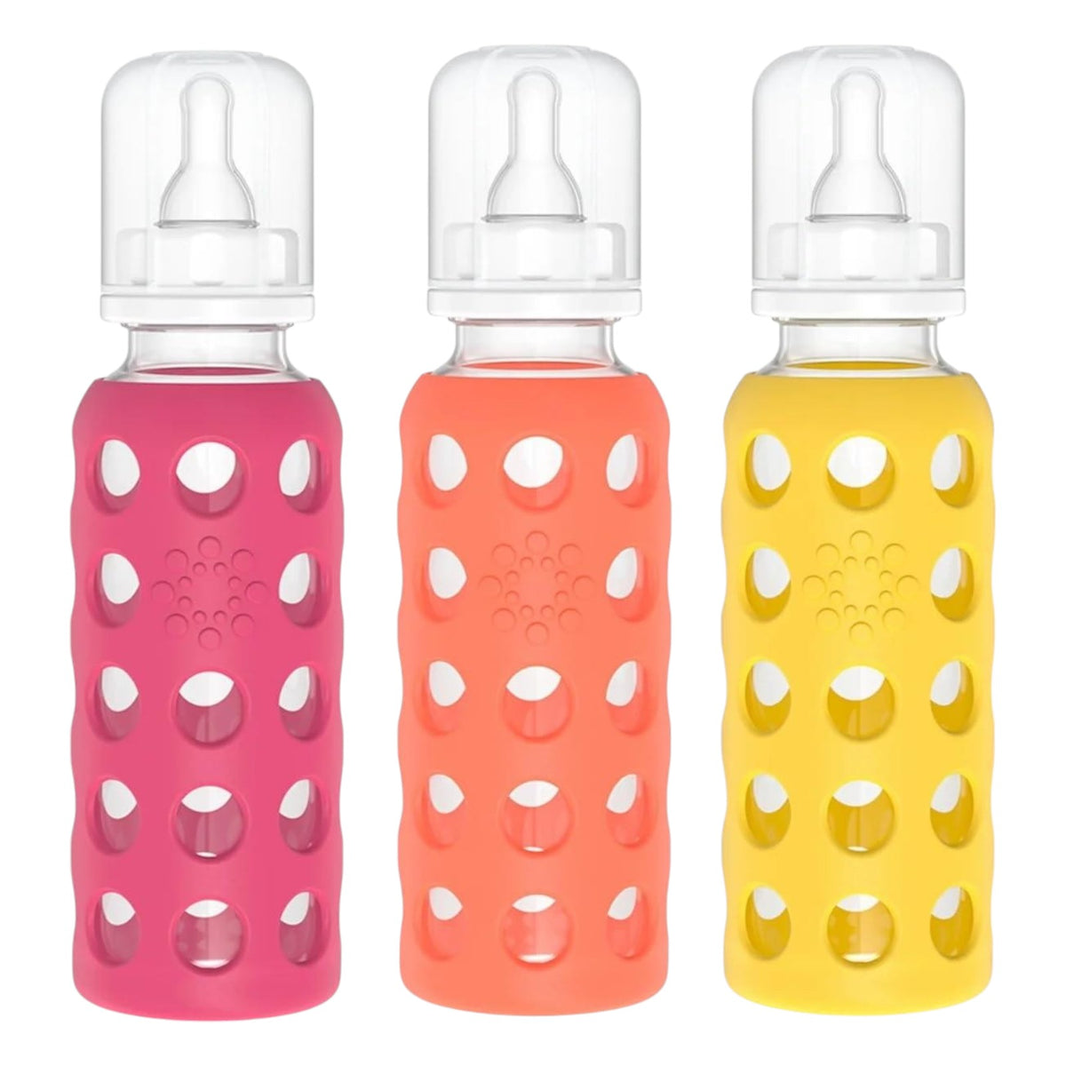 Lifefactory Glass Baby Bottles with Silicone Protection - 3-Pack, 9 oz Bottles, (1- Raspberry, 1- Papaya & 1- Mango)