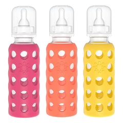 Lifefactory Glass Baby Bottles with Silicone Protection - 3-Pack, 9 oz Bottles, (1- Raspberry, 1- Papaya & 1- Mango)