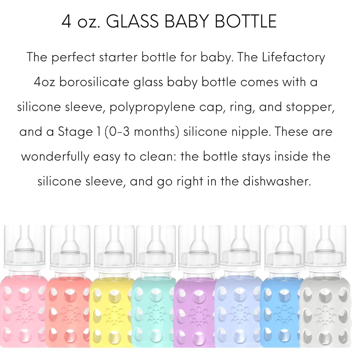 Lifefactory Glass Baby Bottles with Silicone Protection - 4-Pack, 4 oz Bottles (2- Lavender & 2- Cantaloupe)
