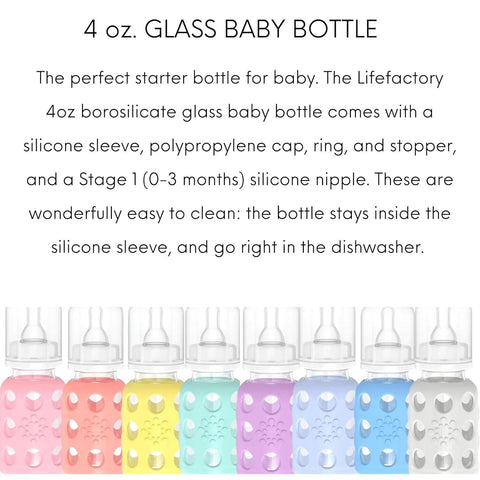 Lifefactory Glass Baby Bottles with Silicone Protection - 4-Pack, 4 oz Bottles (2- Lavender & 2- Cantaloupe)
