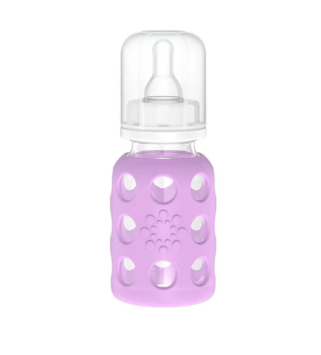 Lifefactory Glass Baby Bottles with Silicone Protection - 4-Pack, 4 oz Bottles (2- Lavender & 2- Cantaloupe)