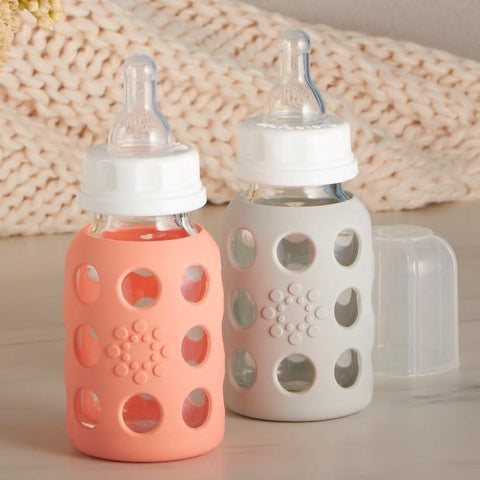 Lifefactory Glass Baby Bottles with Silicone Protection - 4-Pack, 4 oz Bottles (2- Lavender & 2- Cantaloupe)