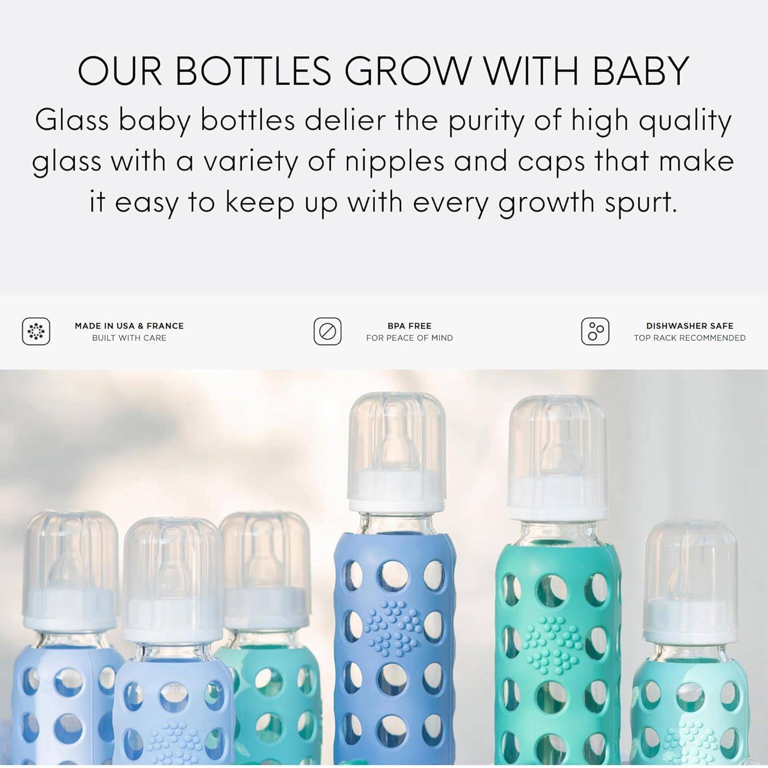 Lifefactory Glass Baby Bottles with Silicone Protection - 4-Pack, 4 oz Bottles (2- Lavender & 2- Cantaloupe)