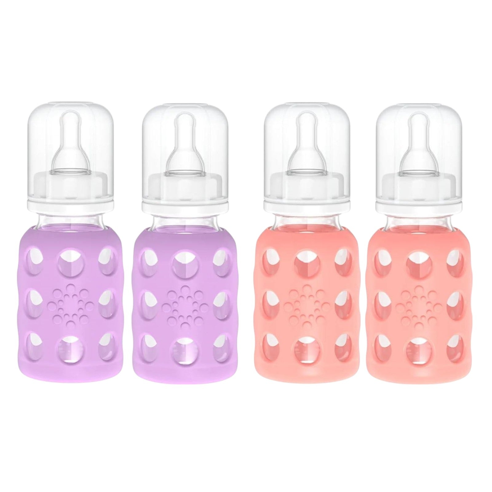 Lifefactory Glass Baby Bottles with Silicone Protection - 4-Pack, 4 oz Bottles (2- Lavender & 2- Cantaloupe)
