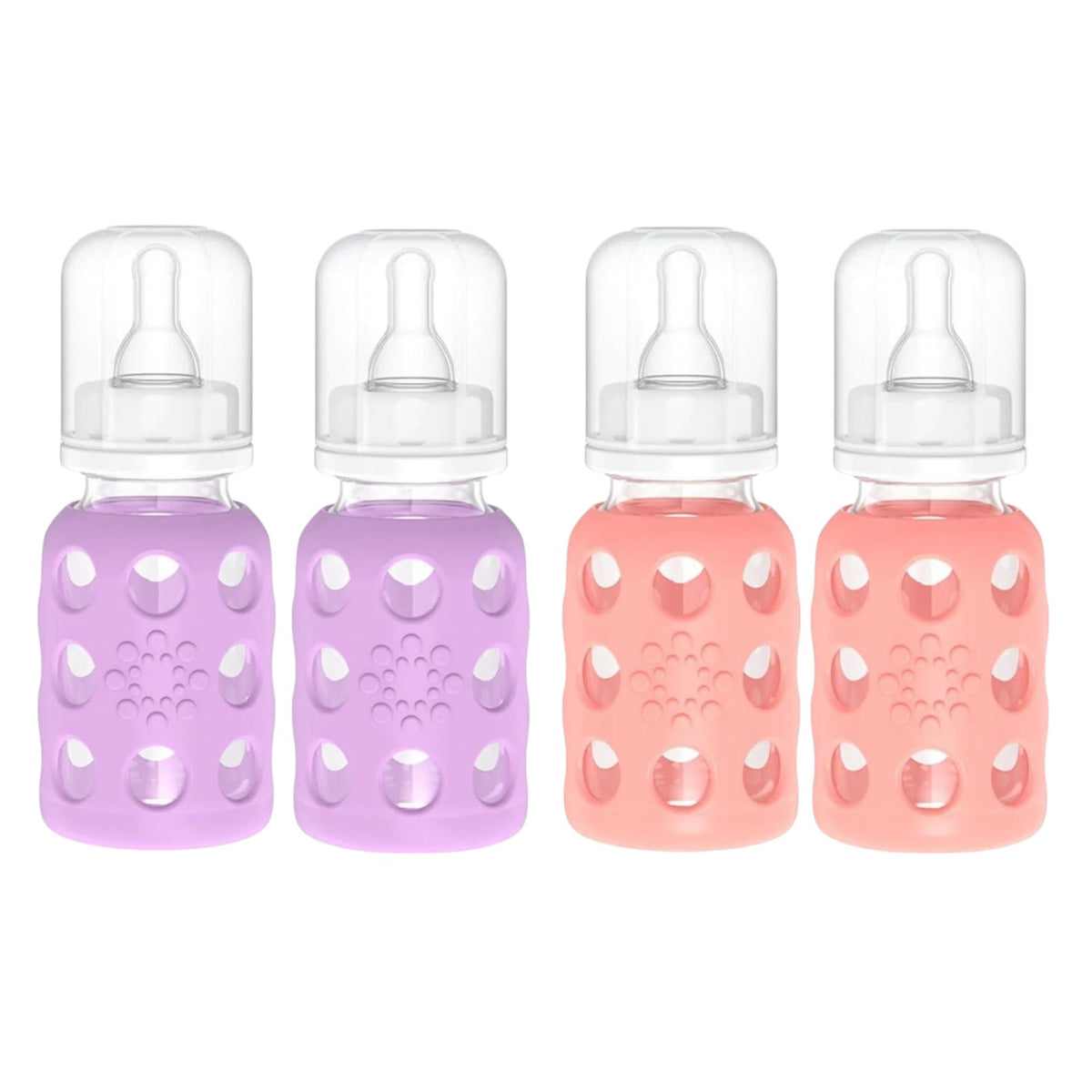 Lifefactory Glass Baby Bottles with Silicone Protection - 4-Pack, 4 oz Bottles (2- Lavender & 2- Cantaloupe)