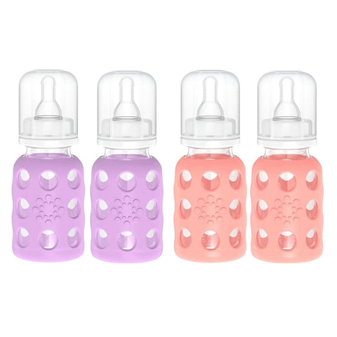 Lifefactory Glass Baby Bottles with Silicone Protection - 4-Pack, 4 oz Bottles (2- Lavender & 2- Cantaloupe)