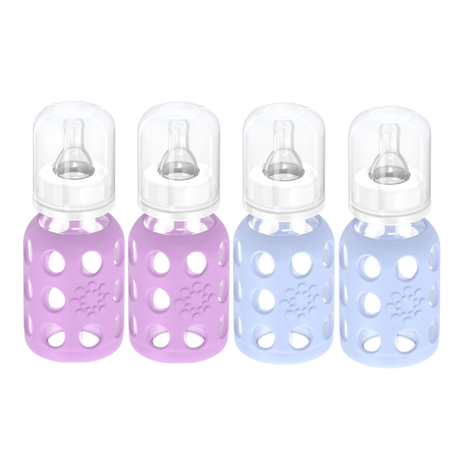Lifefactory Glass Baby Bottles with Silicone Protection - 4-Pack, 4 oz Each Bottle (2- Blanket & 2- Lavender)