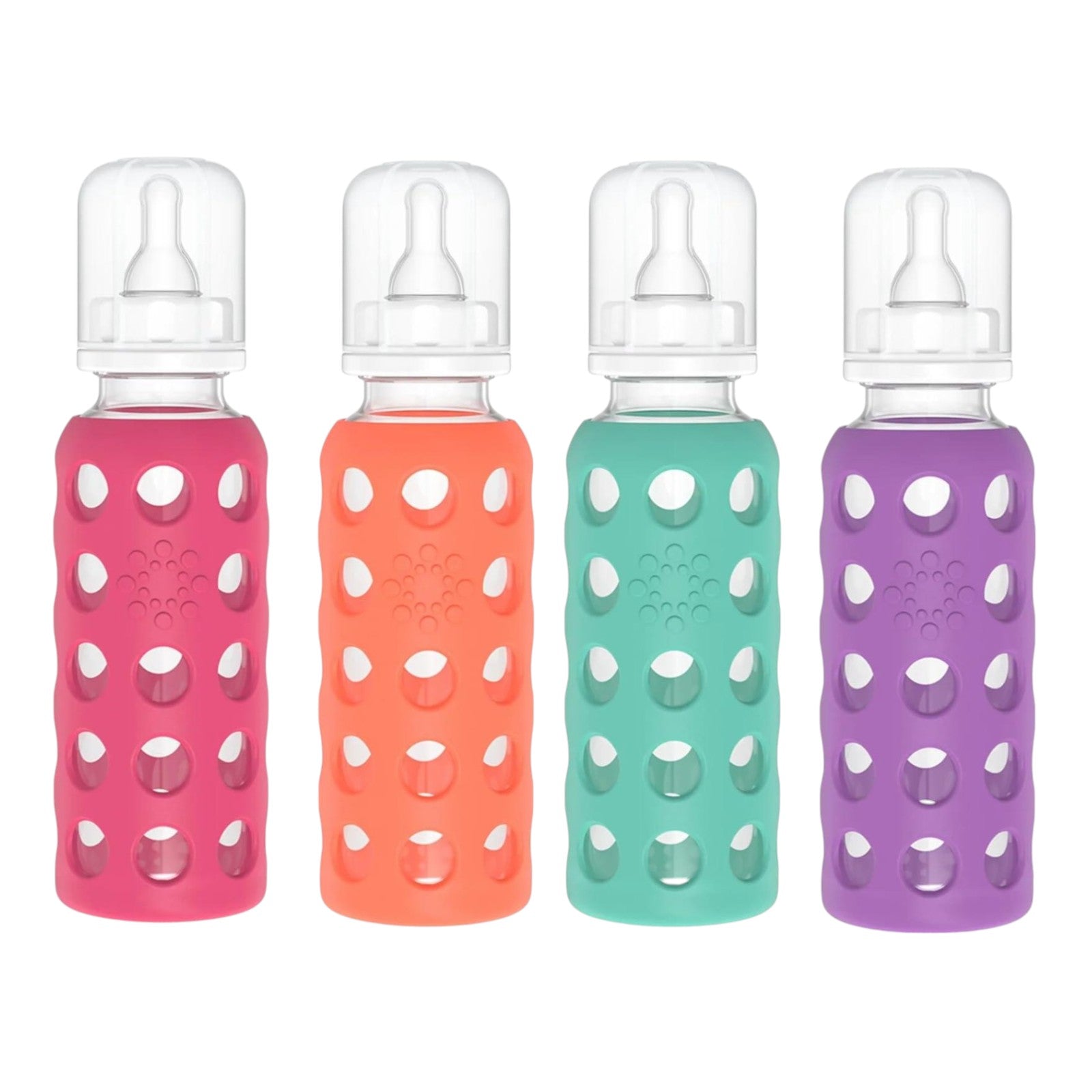 Lifefactory Glass Baby Bottles with Silicone Protection - 4-Pack, 9 oz Each Bottle (1- Raspberry, 1- Papaya, 1- Kale & 1- Grape)