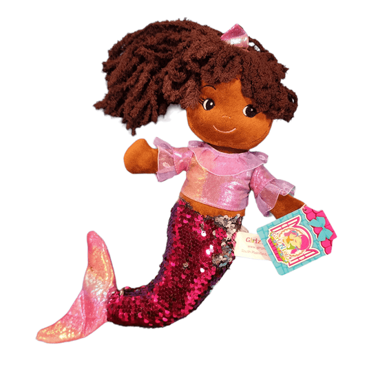 Mermaid Doll Plush Stuffed Toy 14" Ethnic Dark Skin Soft Body Pink Sequins - Sammi's Attic
