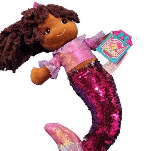 Mermaid Doll Plush Stuffed Toy 14" Ethnic Dark Skin Soft Body Pink Sequins - Sammi's Attic