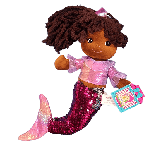 Mermaid Doll Plush Stuffed Toy 14" Ethnic Dark Skin Soft Body Pink Sequins - Sammi's Attic