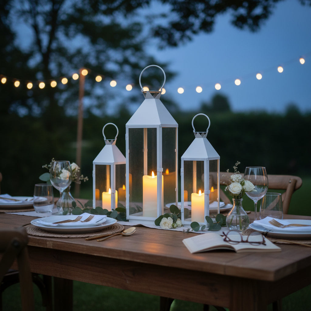 Modern Metal Lantern Set of 3 White