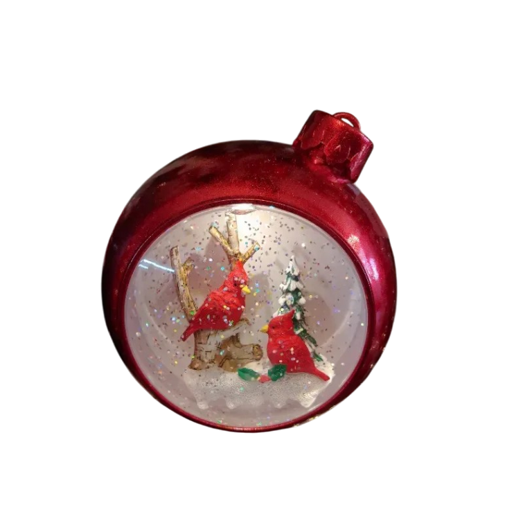 Musical Snow Globe Cardinals in Winter Woodland