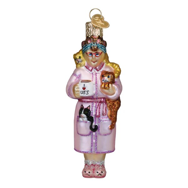Old World Christmas Cat Lady Glass Holiday Ornament