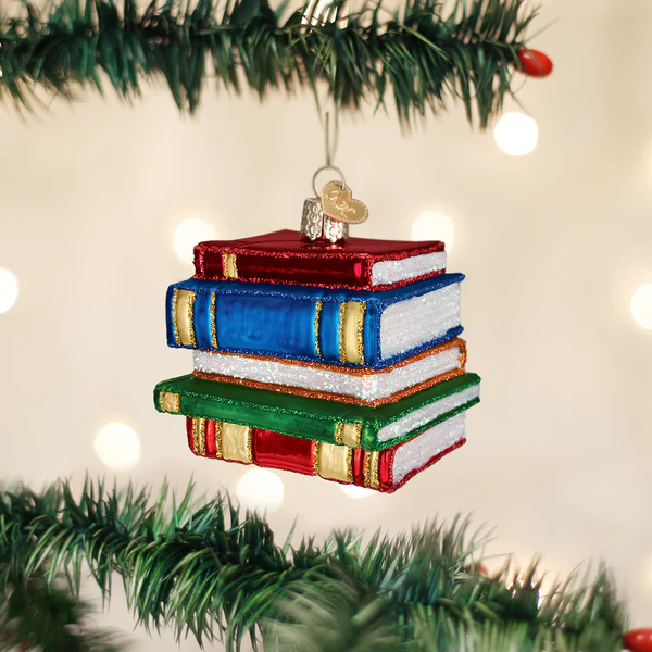 Old World Christmas Stack of Books Glass Ornament (with OWC Box)